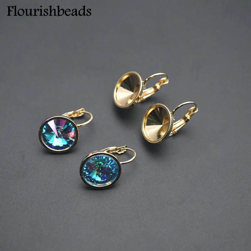 20pc 14k Gold Color Plated 12mm Rivoli Crystal Beads Round Bead Cap Leverback Earring Clasps