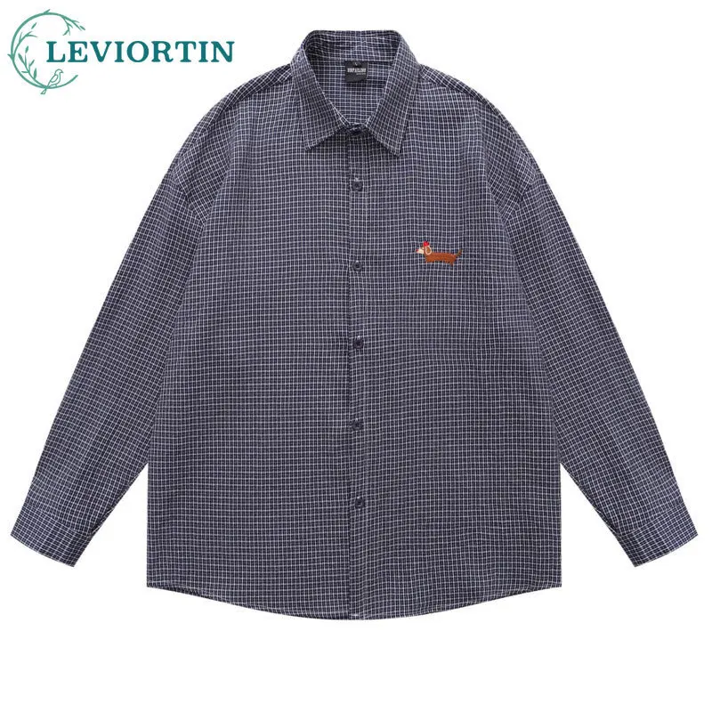 

Осень 2021, мужская и женская свободная повседневная универсальная рубашка с длинными рукавами в клетку в американском стиле ретро с вышивкой таксы