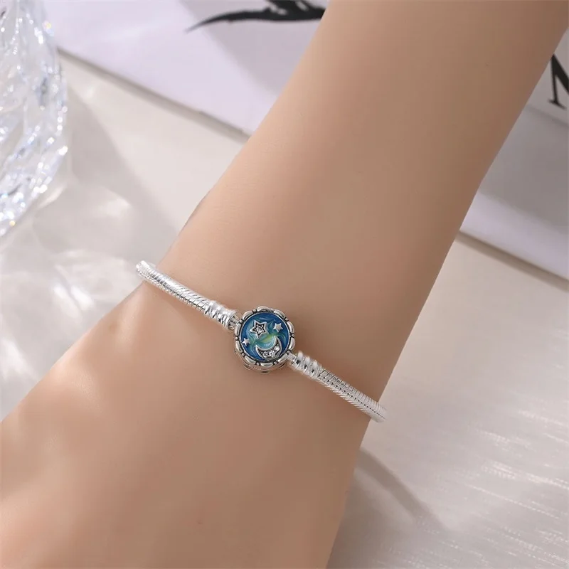 

Original 925 Sterling Silver Sparkling Star Moon Bracelet For Women Fit DIY Charms Fine Birthday Jewelry Gifts
