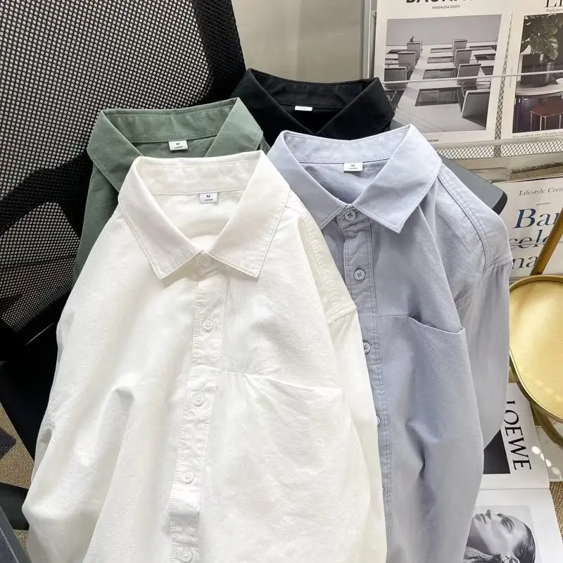American Long-sleeved Shirt Men's Spring And Autumn Casual Solid Color White Lapel Shirt Retro