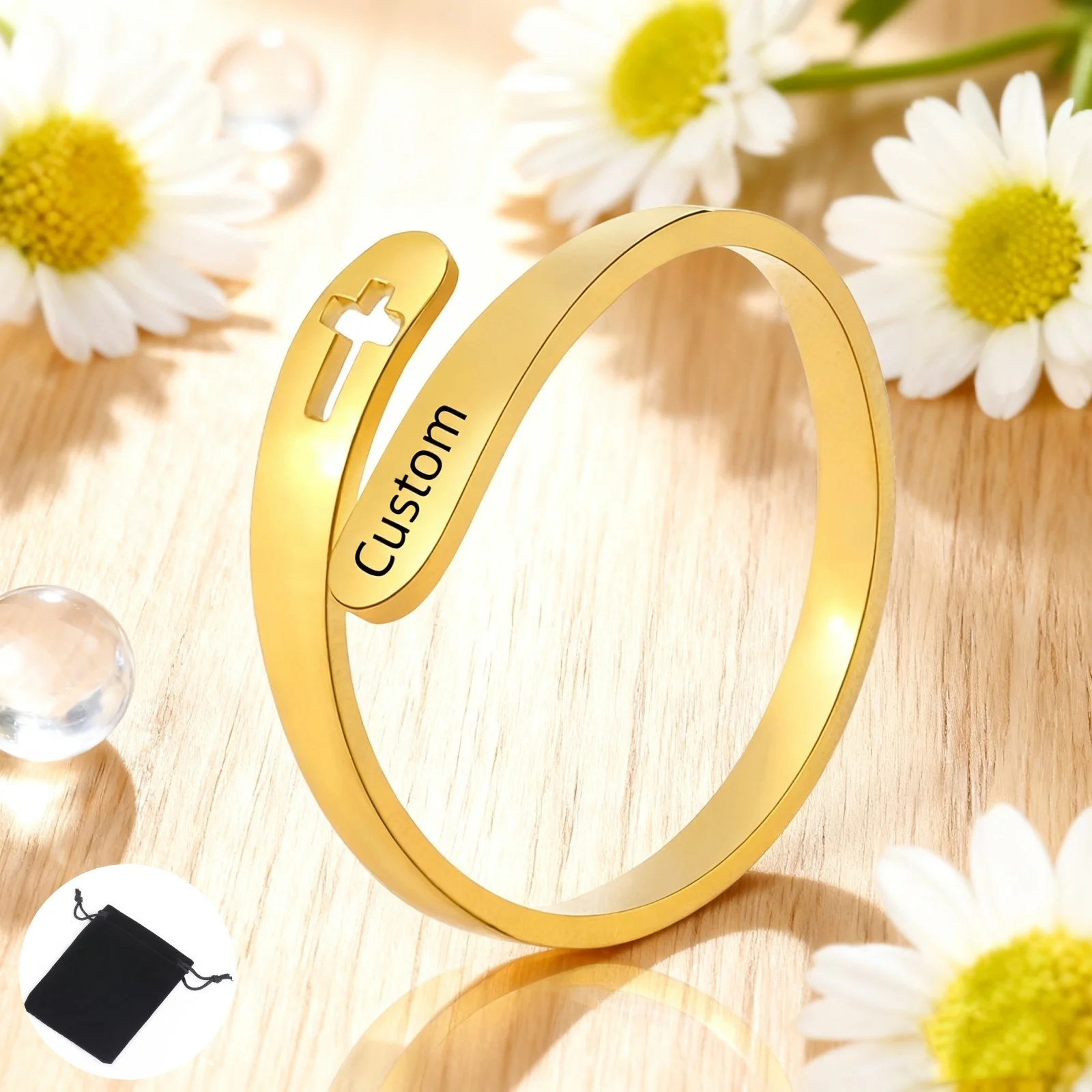 Personalisierter offener Ring mit Namen und Datum, hohles Kreuz, Edelstahl, personalisierter Schnitzname, Paar-Kreuzring, Valentinstagsgeschenk
