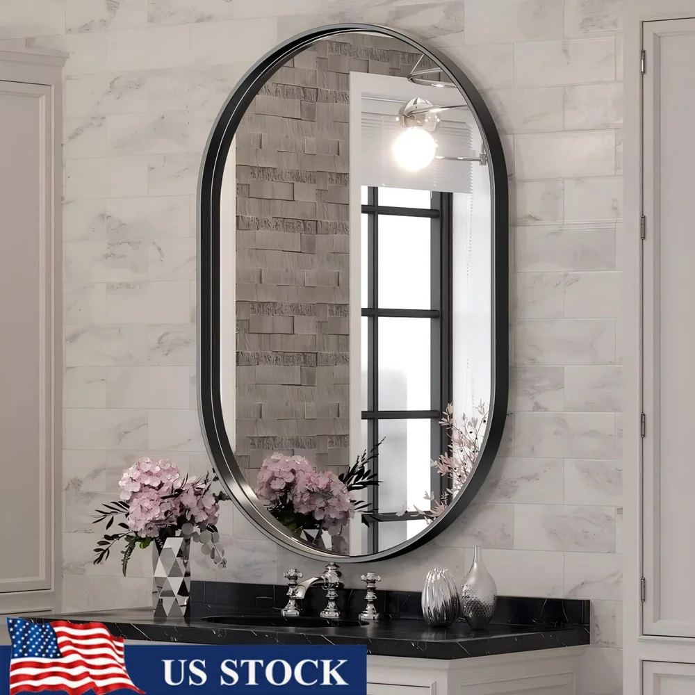 

Овальное зеркало для ванной комнаты 22 x 38 дюймов, настенное небьющееся декоративное зеркало из алюминиевого сплава с глубоким каркасом для дома и салона