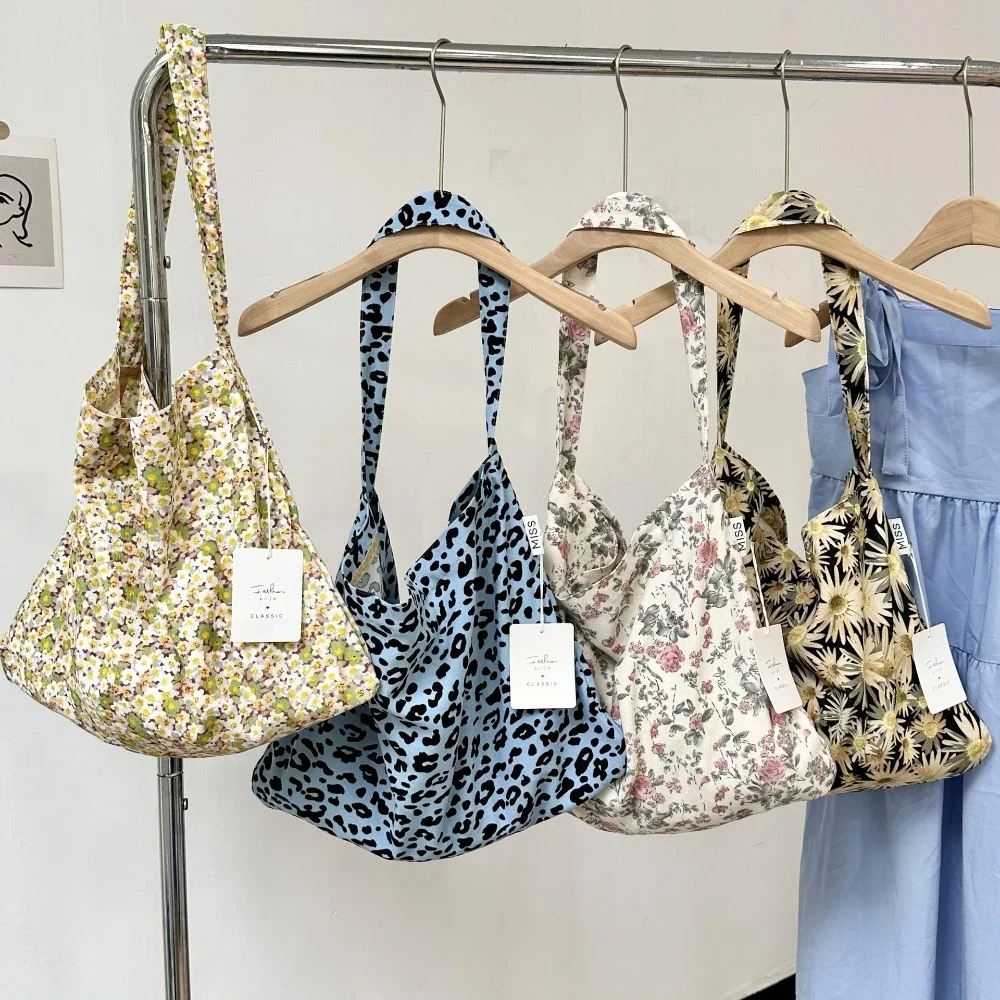 Korean Vintage Floral Cotton Fabric Shopping Bags Handbags Large Capacity Shoulder Bag Fashion Book Bag Ladies New Style