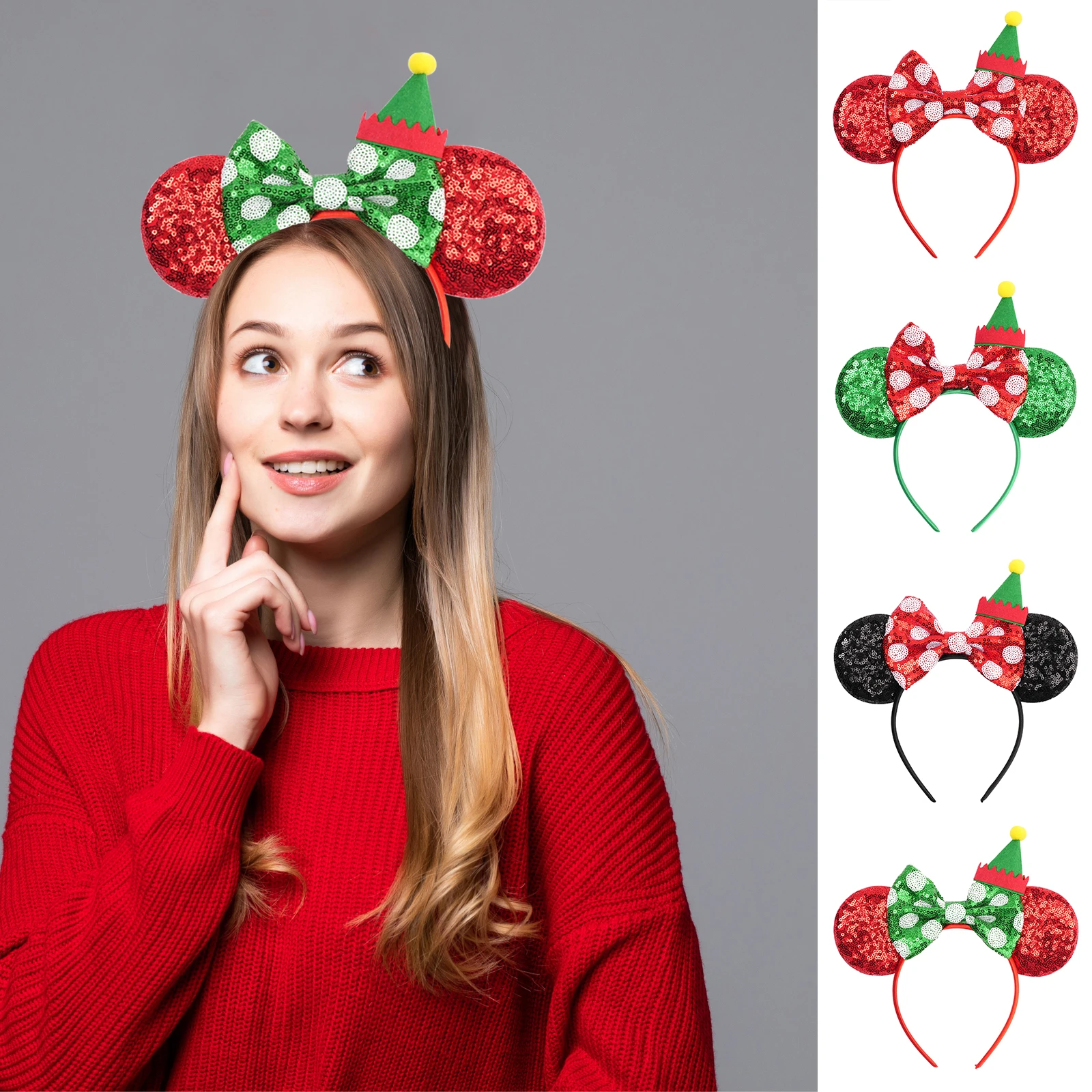 

1 шт., блестящая рождественская повязка на голову Disney, бант для обсуждения, ухо Микки Мауса, рождественская шляпа, украшение для праздничной вечеринки, аксессуары для волос