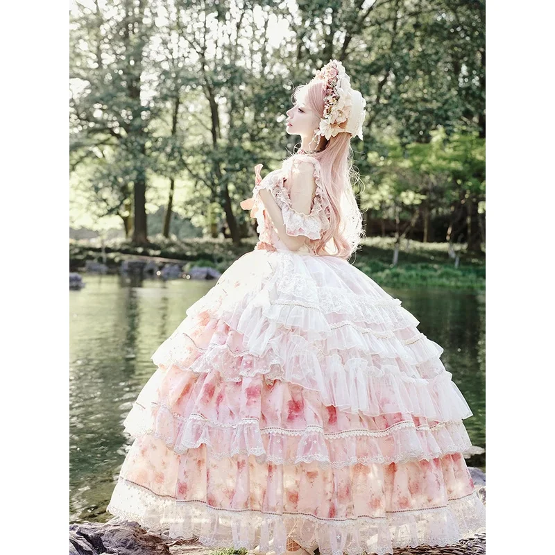 DY20 페어리 스타일 정교한 레이스 플라워 오프숄더 슬림 드레스 여성용 빅토리아풍 로리타 드레스 스위트 볼 가운 할로윈 D