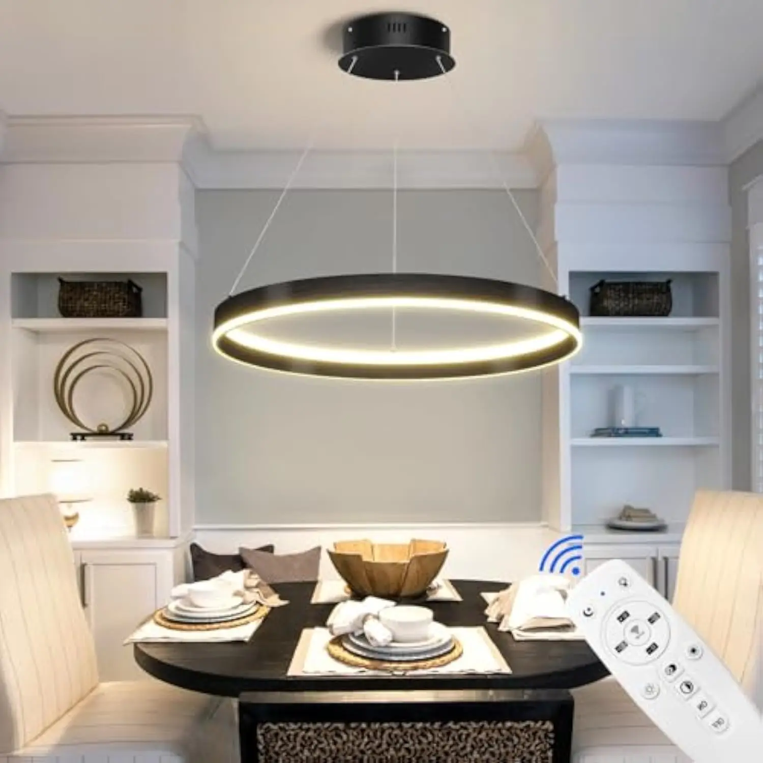 

Modern LED Chandelier,60W Black Chandelier 1-Ring,Dimmable 3000K-6000K Round Chandeliers with Remote for Dining Room Living Ro
