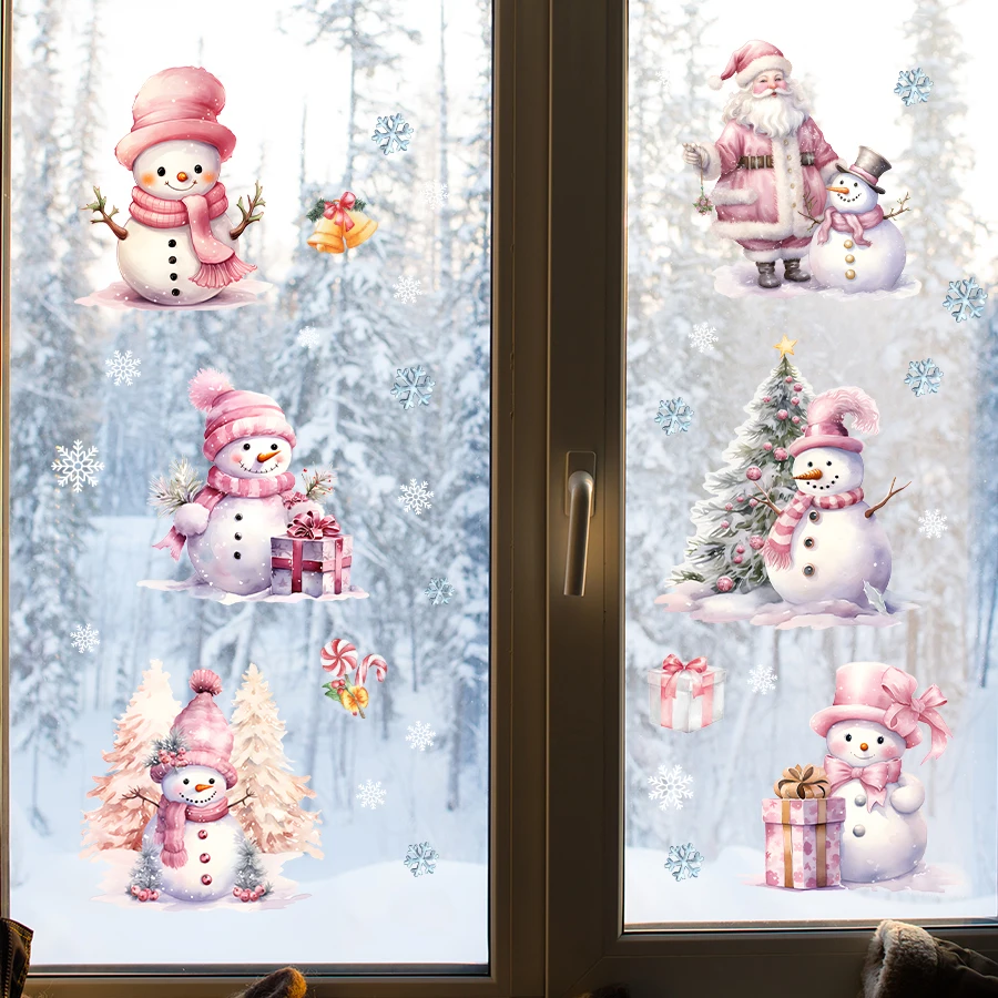 Christmas Decoration Cartoon Cute Pink Snowman Wall Stickers for Windows Bedroom Decoration Wall Decals Kids Room Decor