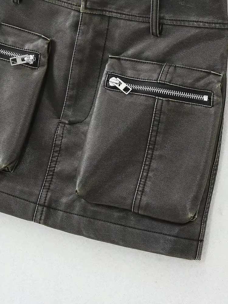 Withered Retro Zipper Pocket High Street Mini Leather Skirt High Waist Sexy Straight Skirt For Women