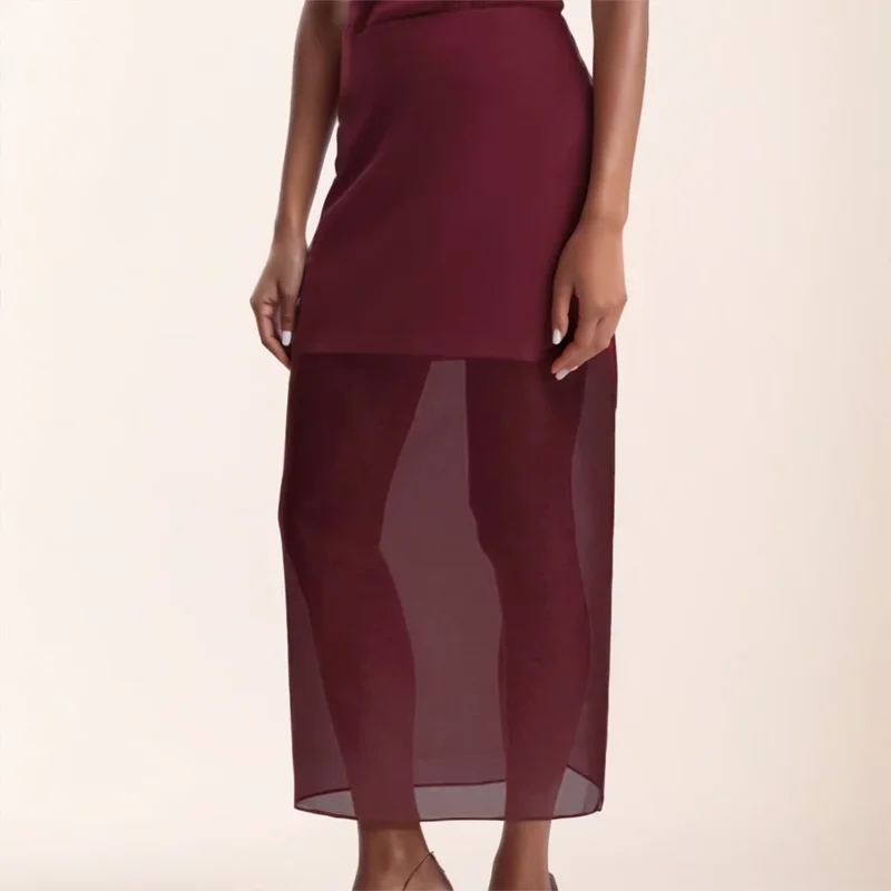 New Fashionable Versatile Black Mesh Skirt for Women Double-Layer Design Sheer High-Waisted Split Pencil Skirt