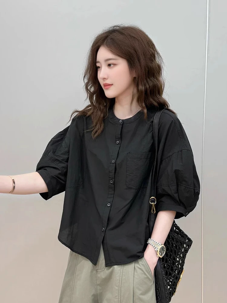

Ladies Loose Fit Five-Quarter Sleeve Shirt Summer New Style Casual Thin Sunscreen Top Fashionable Polyester round Neck Shirt