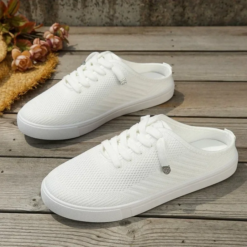 Women White Backless Mule Sneakers Breathable Knit Upper No Tie Laces Light Sole Slip on Casual Walking Shoes