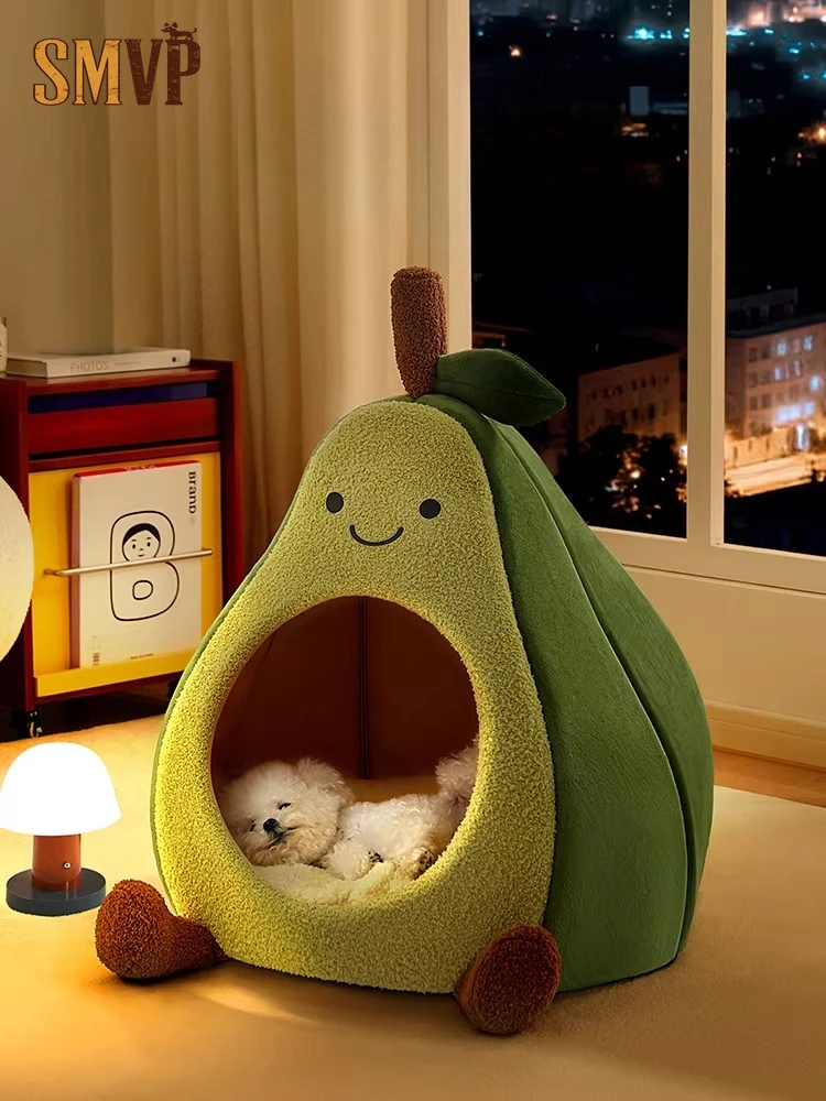 

Creative Fresh and Cute Avocado Shape Semi Closed Removable and Washable Pet Kitten Puppy Nest with Small Pillow