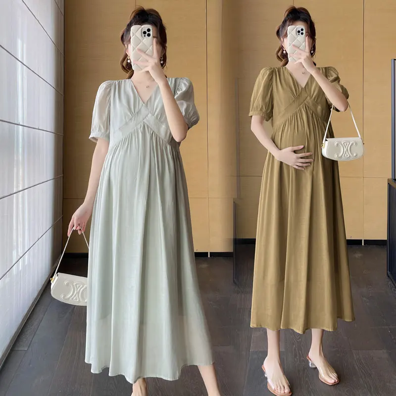 

2024 New Arrival Fashion Maternity Midi Long Dress Elegant Across V Neck A Line Loose Clothes for Pregnant Women Pregnancy Daily