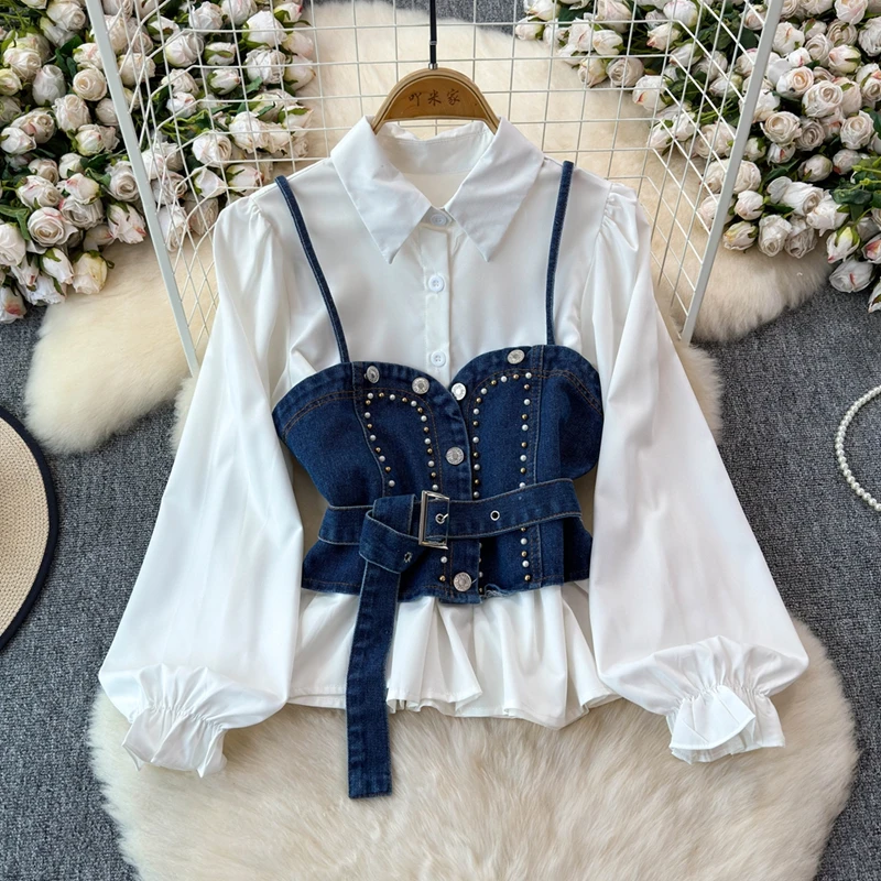 Autumn Vintage Long Sleeve Shirt With Denim Camisole Vest Set Versatile Bubble Sleeve Blouse Two-piece Top Set