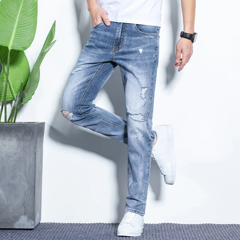 Pantalones vaqueros elásticos ajustados pequeños rectos primavera y otoño estiramiento Regular joven adulto caballero cómodo suelto hombre avanzado