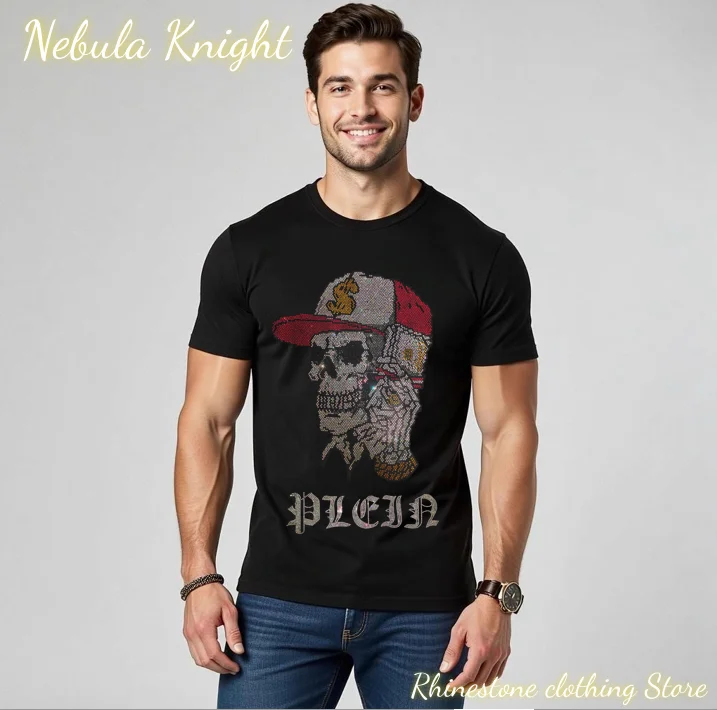 Luxury Crystal Rhinestone Men T-Shirt Pure Cotton O-Neck Short Sleeve Soft Comfort Summer Streetwear Casual Tee Tops