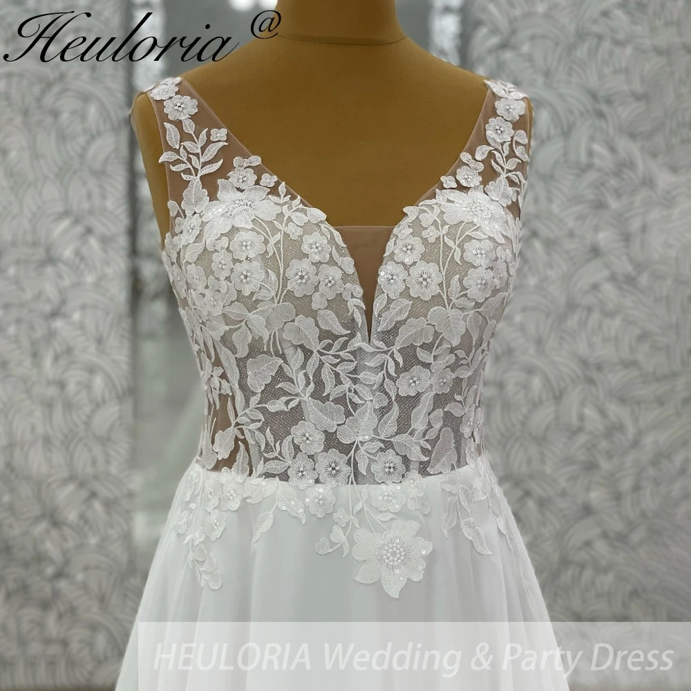 HEULORIA Elegant A Line ชุดแต่งงานสปาเก็ตตี้ Crepe ลูกไม้ชีฟองชุดเจ้าสาว Robe De Mariee งานแต่งงานชุดเจ้าสาว