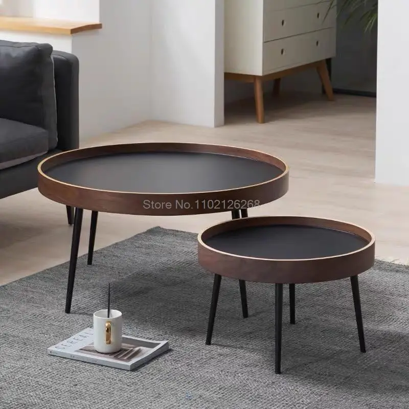 Coffee Table Nordic Small Apartment Solid Wood Light Luxury Modern Minimalist Round Living Room Black Walnut Combination