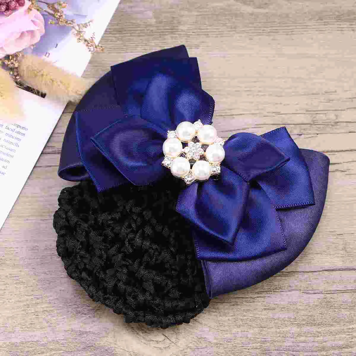 Pearl Hair Clips Bun Nets Elastic Bow Headdress Hairpin Snood Hairpins Blue Women Work