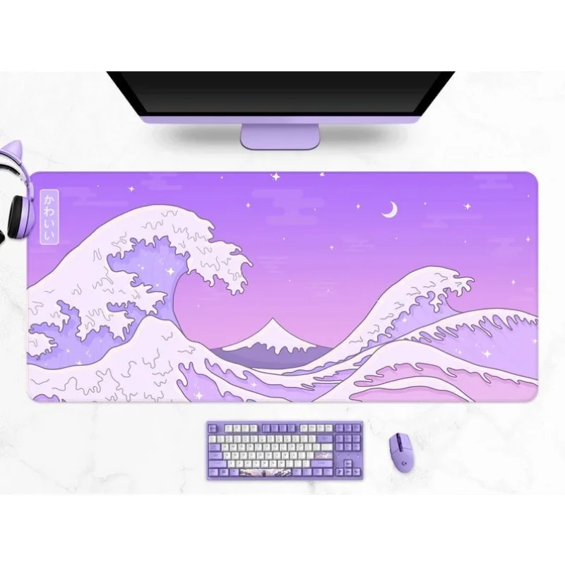 Kawaii Desk Mat Pink Wave Cute Pastel Anime Aesthetics Moon and Ocean Mouse Pad XXL Japanese Gaming Mousepad Gamer