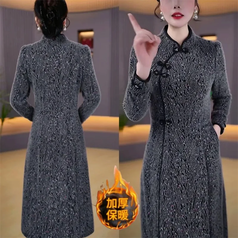 

Женские модные длинные платья 2025 года, женское большое платье Cheongsam для отдыха, корейское женское высококачественное платье макси-стойки, осень-зима