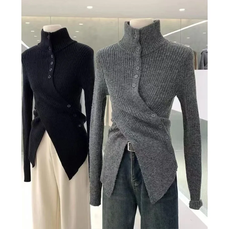 Irregular Cross Design Sweater with Slim Waist Turtleneck Knitted Bottoming Shirt
