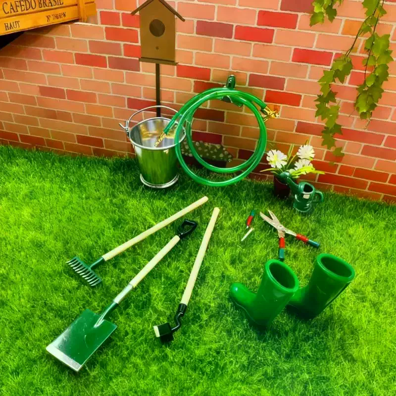 1 ensemble de Simulation de maison de poupée, pelle Miniature, houe, fourche et tuyau d'eau, outil de réparation, accessoires de jardin féerique, outils agricoles