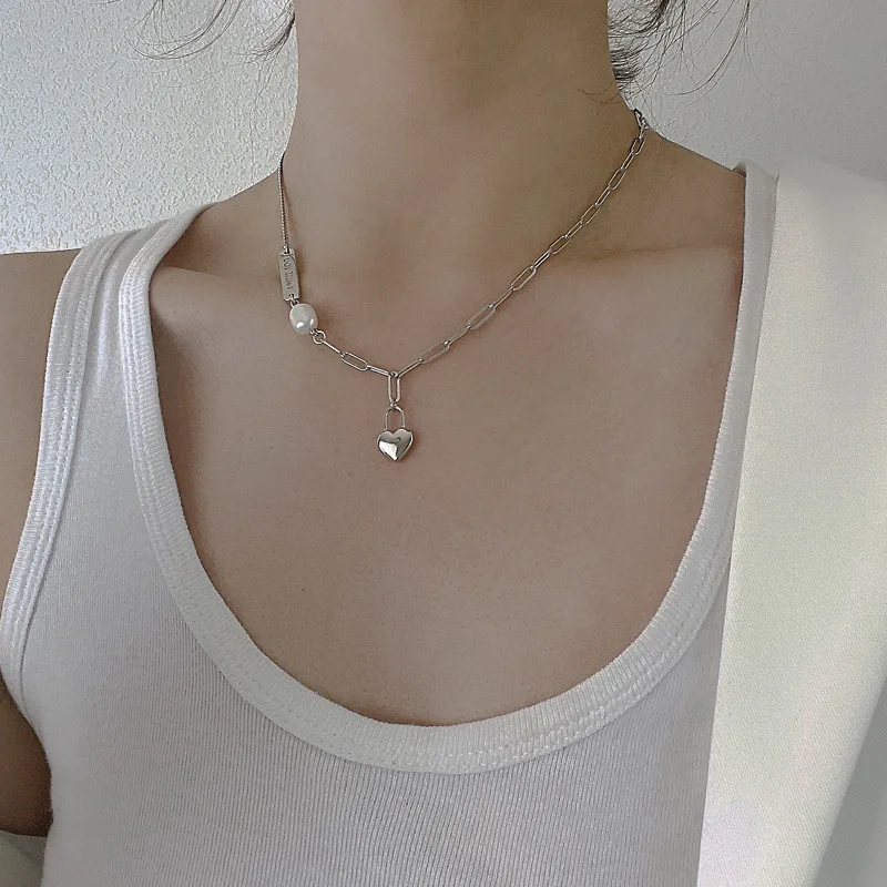 925 Sterling Silver Necklace I Miss You Tag Pearl Asymmetric Heart Geometric for Women Girl Jewelry Gift Dropshipping Wholesale