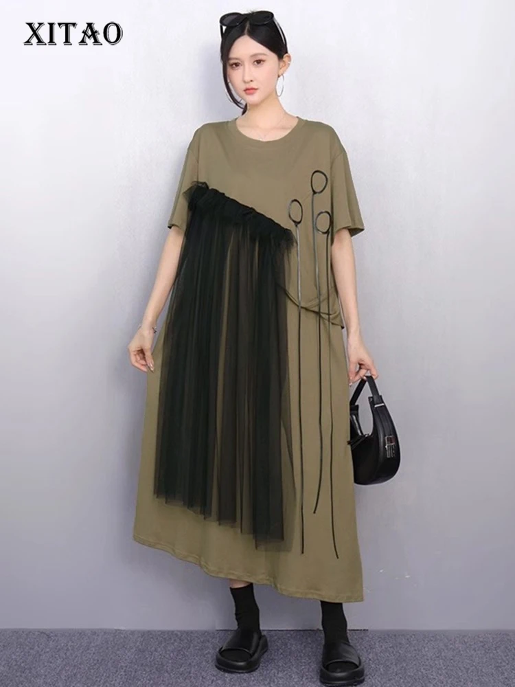 

XITAO Irregular Solid Color Loose Dress O-neck Short Sleeve Gauze Patchwork Short Sleeve Elegant Summer Woman Dress ZMY1376