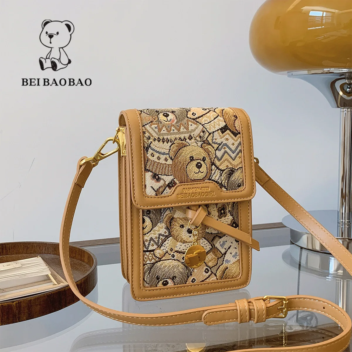 Beibaobao 2024 nowa moda w stylu Instagram jeden torba na ramię Crossbody na co dzień Retro wszechstronna torba mobilna kreskówka torba damska miś