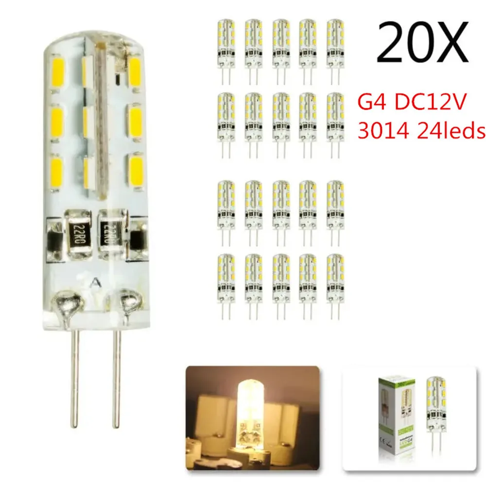 

20pc 10pcs G4 Led Bulb 2W 24led DC12V 3014SMD Saving Mini Silicone Lamp 360Beam Angle Replace halogen Light Spotlight Chandelier