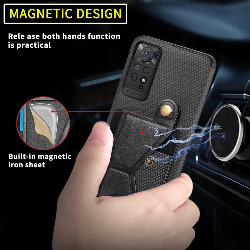 POCO X3 NFC F3 Carbon Fiber Leather Wallet Case for Redmi Note 10 10S 11 11S 8 8A 8T 9 9S 9A 9T Pro Card Holder Magnetic Cover