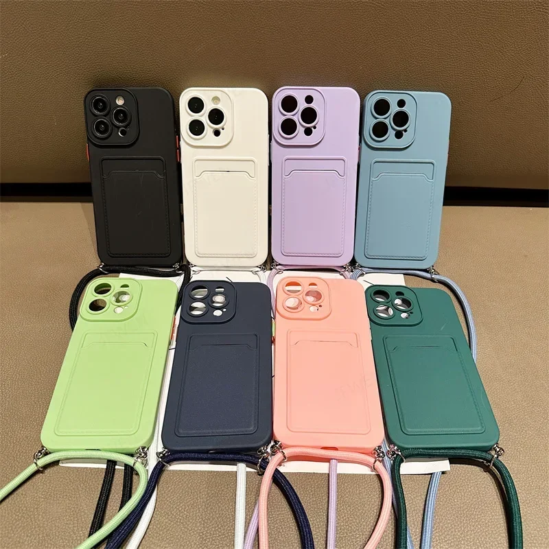 Crossbody Lanyard Solid Color Card Bag Case For iphone 16 15 14 13 12 Mini 11 Pro Max Plus XS X XR Silicone Soft Back Cover