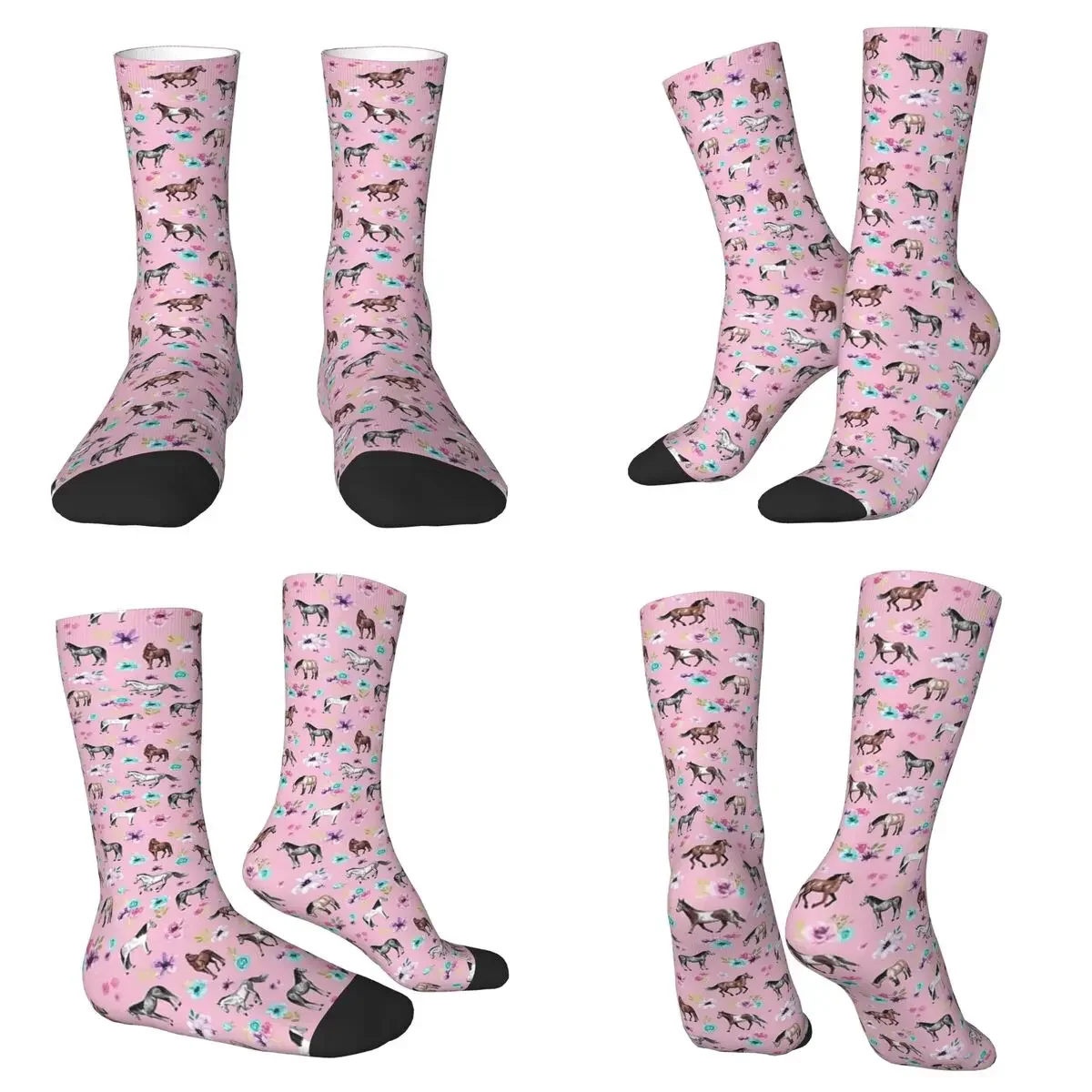 

Horses And Flowers On Pink, Equestrian Art, Horse Decor Socks Harajuku High Quality Stockings All Season Long Socks Day Gifts