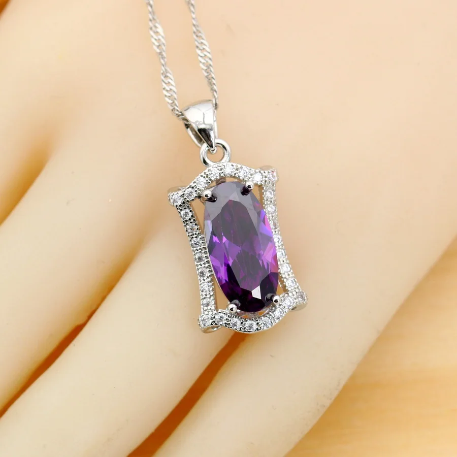 luxury Purple Zirconia 925 Silver Jewelry Sets for Women Wedding Earrings Necklace Ring Bracelet Wedding Gift