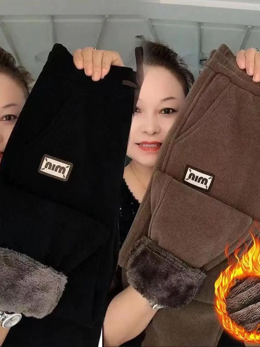 女性の厚みのあるフリース裏地付き原宿スタイルパンツ冬暖かい快適なカジュアルハイウエスト痩身スウェットパンツセット