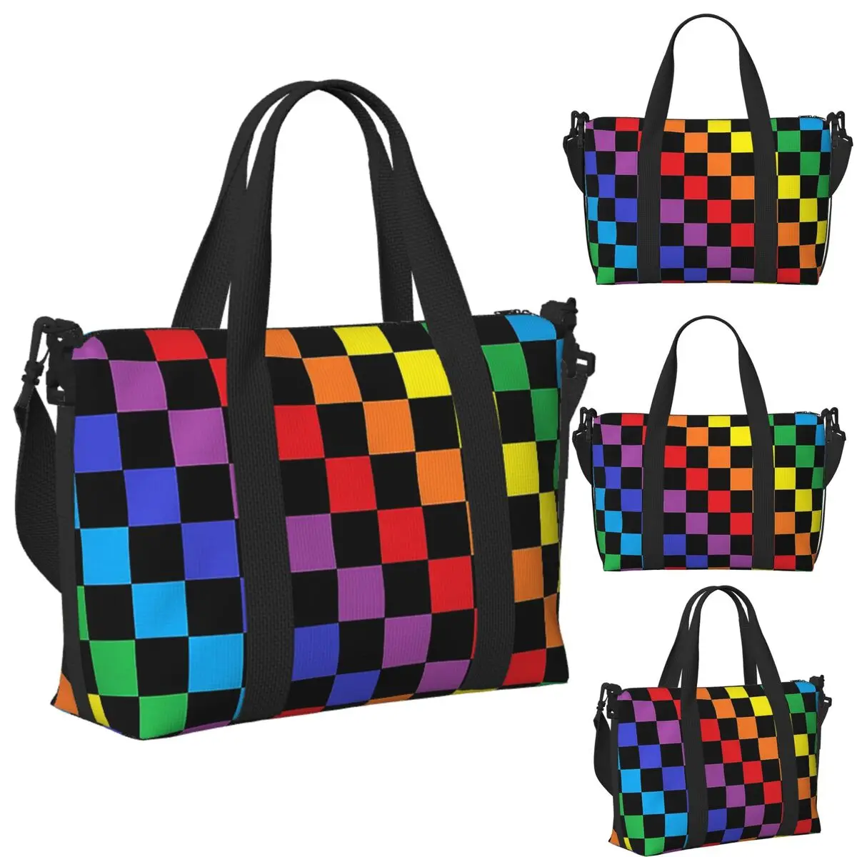 

Custom Checkered Rainbow Black Beach Travel Bag Large Capacity Tote Bags for Gym Sport Women Shopping Duffle Shoulder Bag
