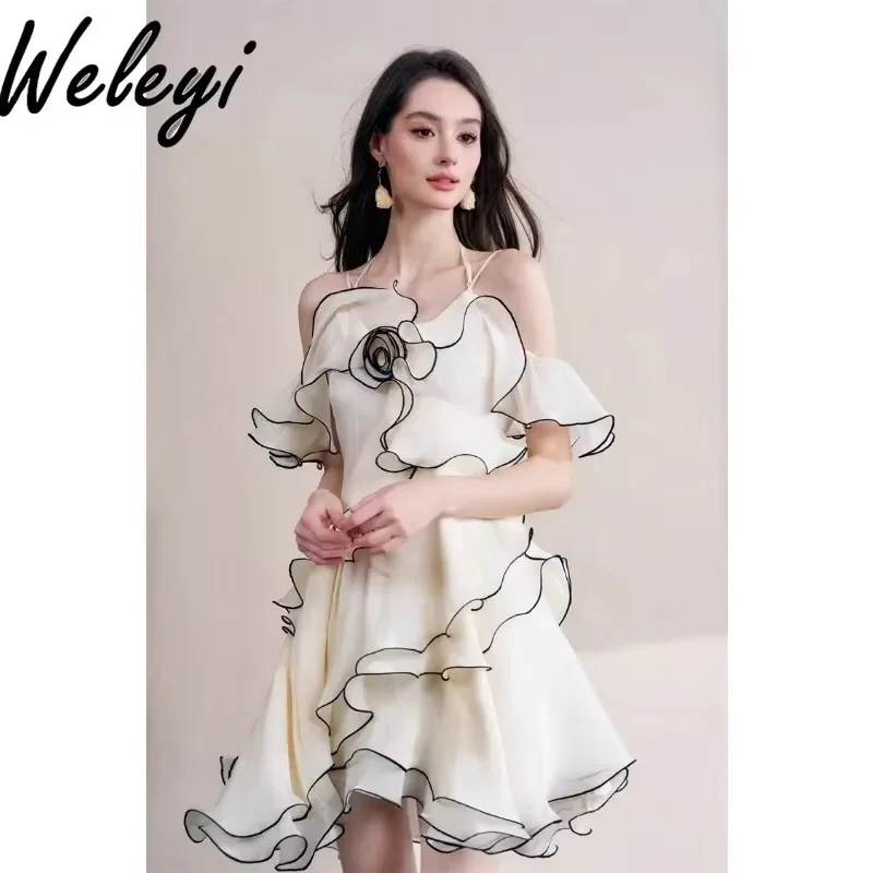 

Wealthy Clothes for Women Sling Y2k Dress White Lotus Leaf Shaped Fashion Large Swing Dresses Cutecore Summer New Elegant Frock