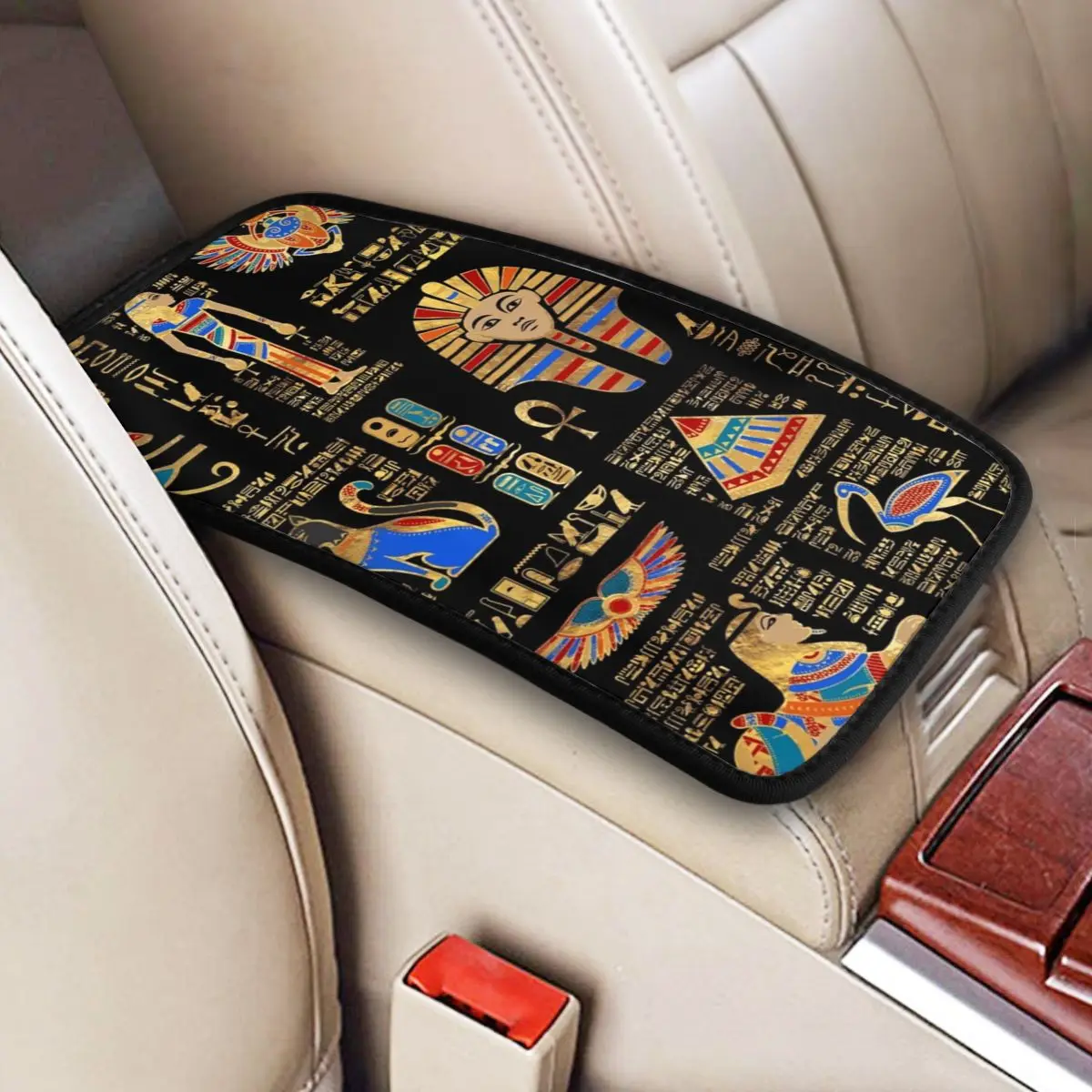 Center Console Protective Pad Egyptian Hieroglyphs Car Armrest Cover Mat Egyptian Ancient Egypt Mythology Gold Horus Anubis