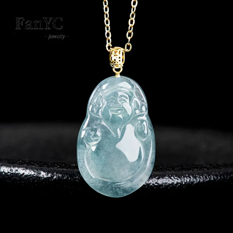 

Myanmar Jadeite Blue Water God of Fortune Pendant 18K Gold Buckle Inlaid Fashion Exquisite Ice Jade Necklace Men and Women Gift
