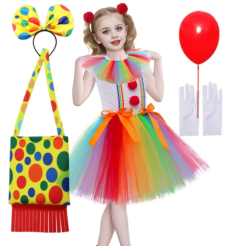Children Clown Tutu Dress Horror Joker Cosplay Rainbow Masquerade Tutu A Line Dress Girls Carnival Party Costumes Set