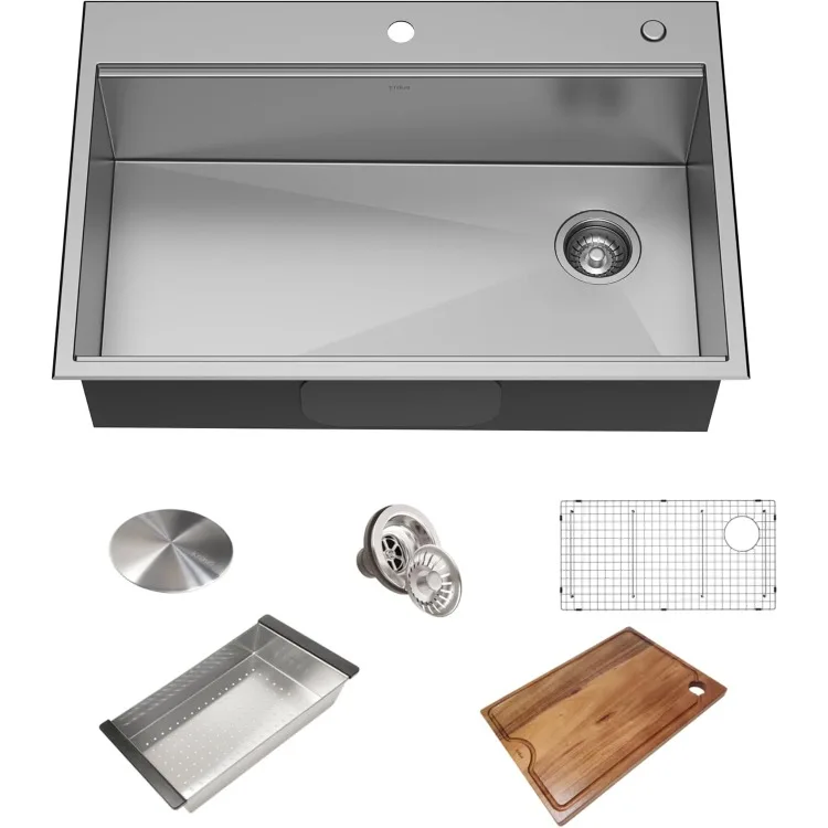 Kore Workstation 33-inch Drop-In 18 Gauge Single Bowl Stainless Steel Kitchen Sink with Integrated Ledge and Accessories