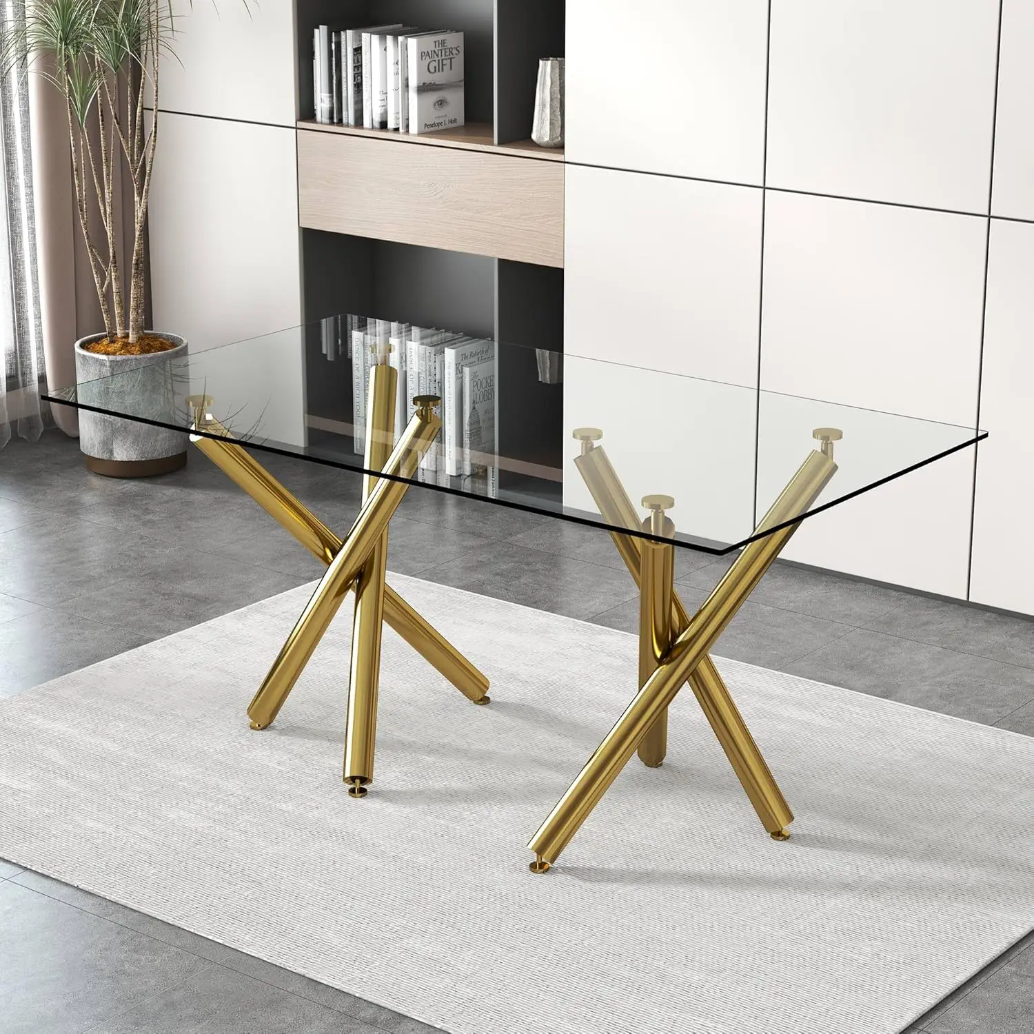 

71 in Glass Dining Table,Gold Dining Table for 6-8，Large Size Kitchen and Dining Room Table with Tempered Glass top and Gold Met