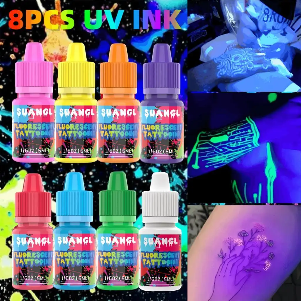 SUANGL UV Fluorescent Tattoo Ink Set -5 mL (0.166 oz) Precision Pen Pen Bottle, Colorful Luminous Effect for Festival Parties