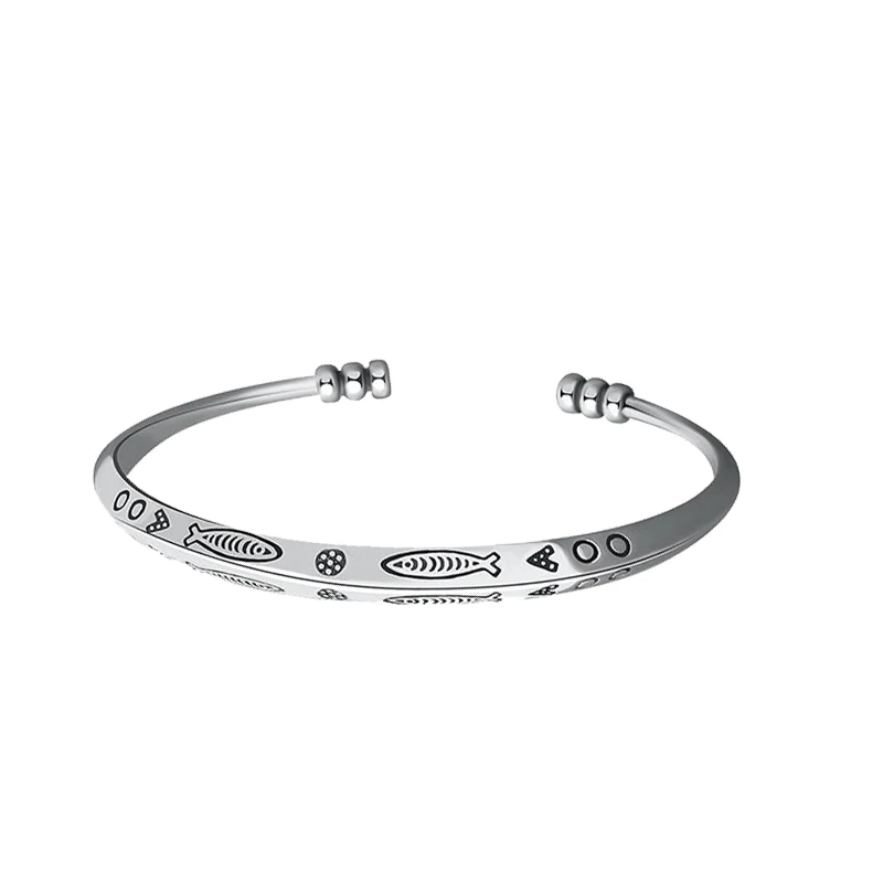 Retro 925 Silver Plated Open Cuff Bracelet For Women Men Handmade Fish Pattern Bangle Adjustable Jewelry Accessories image 3