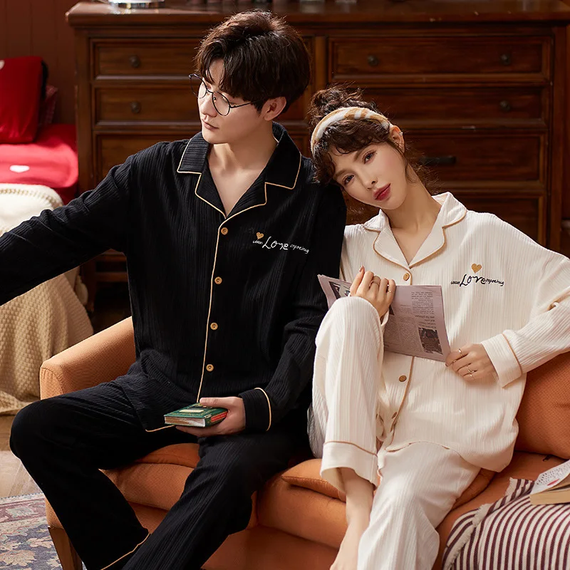 New 100% Cotton Pajamas Sets For Couple Loose Casual Cartoon Print Women And Men Sleepwear Nightgown Home wear 5