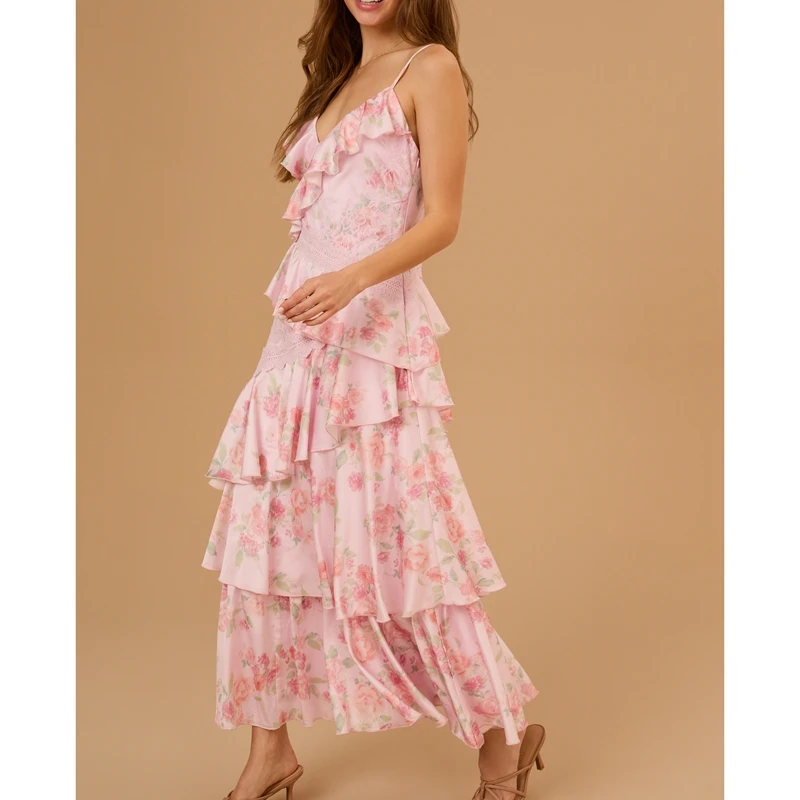 Combhasaki 여성 꽃 프린트 레이스 패치 워크 민소매 v 넥 백 레스 불규칙한 계층화 된 프릴 계층화 된 라인 롱 슬립 드레스