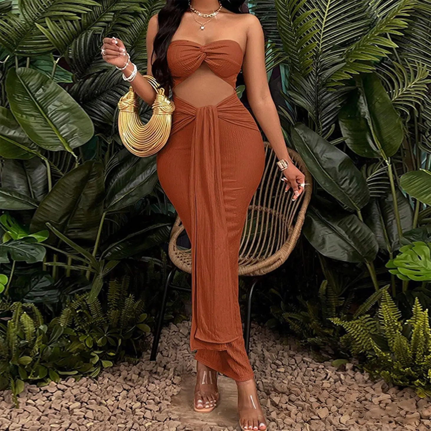 Sexy Backless Cutout Maxi Dress Solid Color High Slit Summer Sleeveless Elegant Y2K Style Women Party Dress