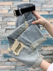 Streetwear Jeans Women's 2023 Autumn New Elastic High Waist Loose Hole Harem Pants Denim Baggy Pant