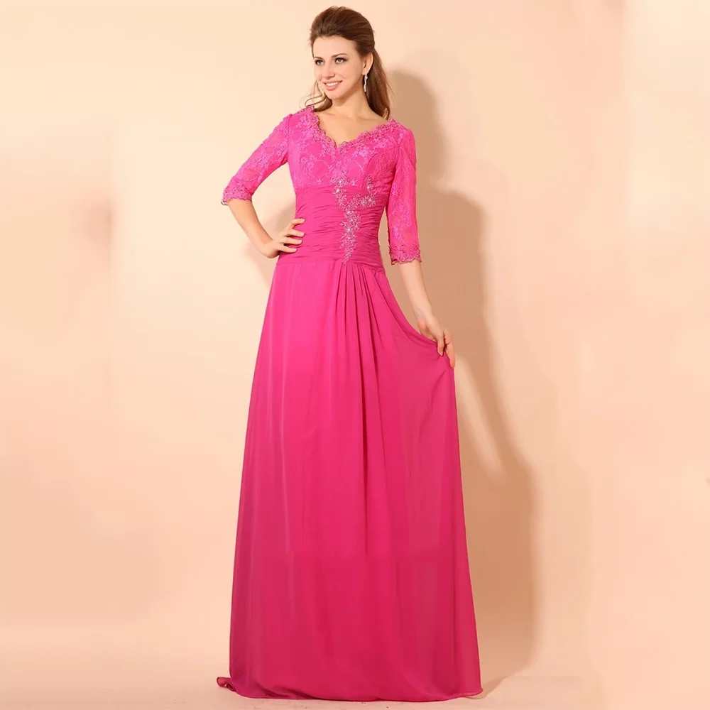 Women's Pink V-neck Half Sleeve Party Dresses Customized Chiffon A-line Floor Length Mother of The Bride Dress with Floral Print